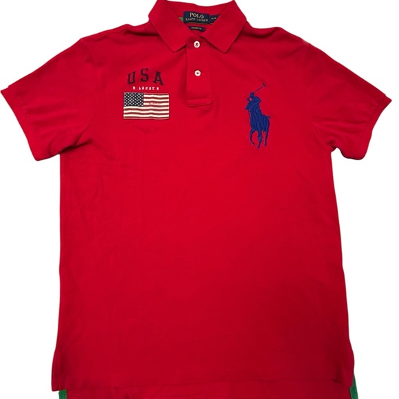 Polo Ralph Lauren Y2k Big Pony American Flag Red Men’s Polo Shirt M Custom Fit - Picture 3 of 9